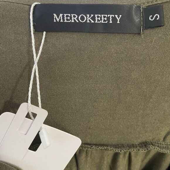 New Marokeety Long Sleeve Ruffle Midi Dress Olive V-Neck Pockets Women's Small - Picture 9 of 10